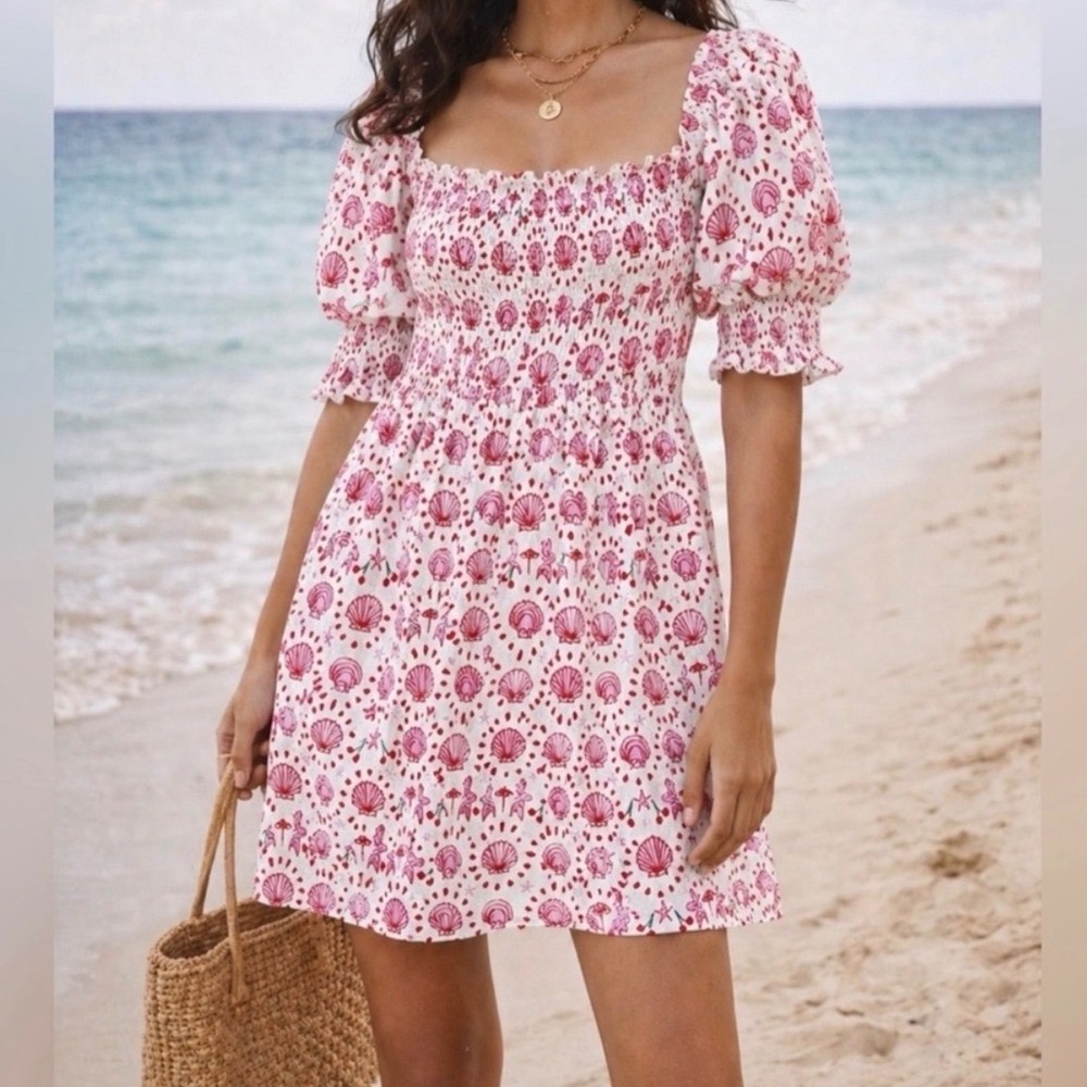 Hill House Home Athena Nap Dress Mini Mermaid Pink Shell Print Smocked - XLarge